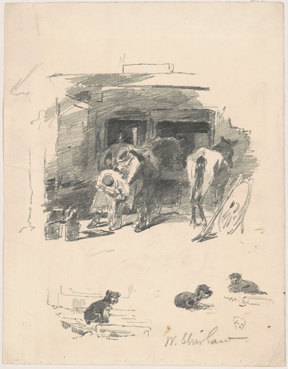 Hombres herrando un caballo de Walter Shirlaw