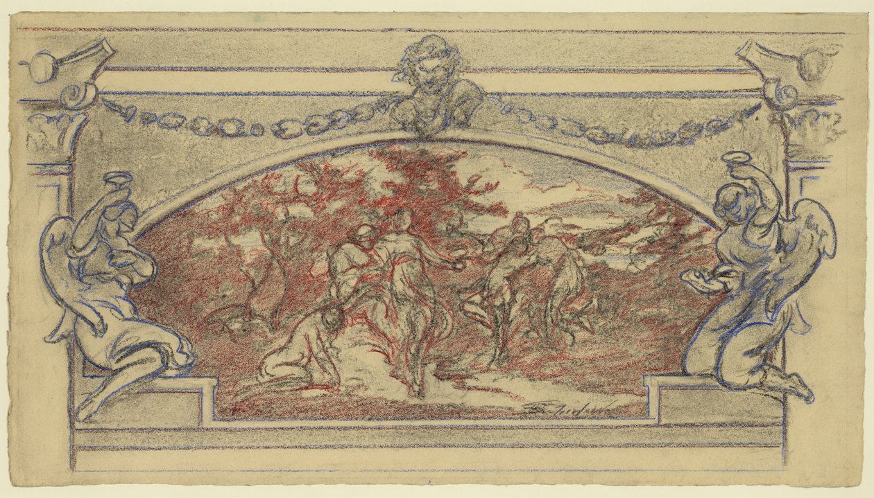 Dibujo de estudio para un mural que muestra figuras danzantes de Walter Shirlaw