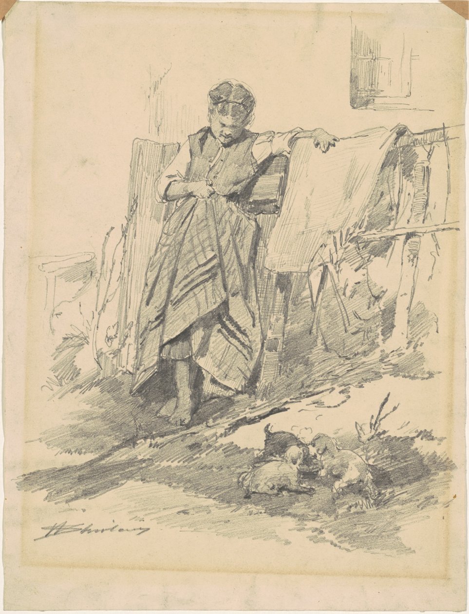 Mujer Observando Cachorros de Walter Shirlaw