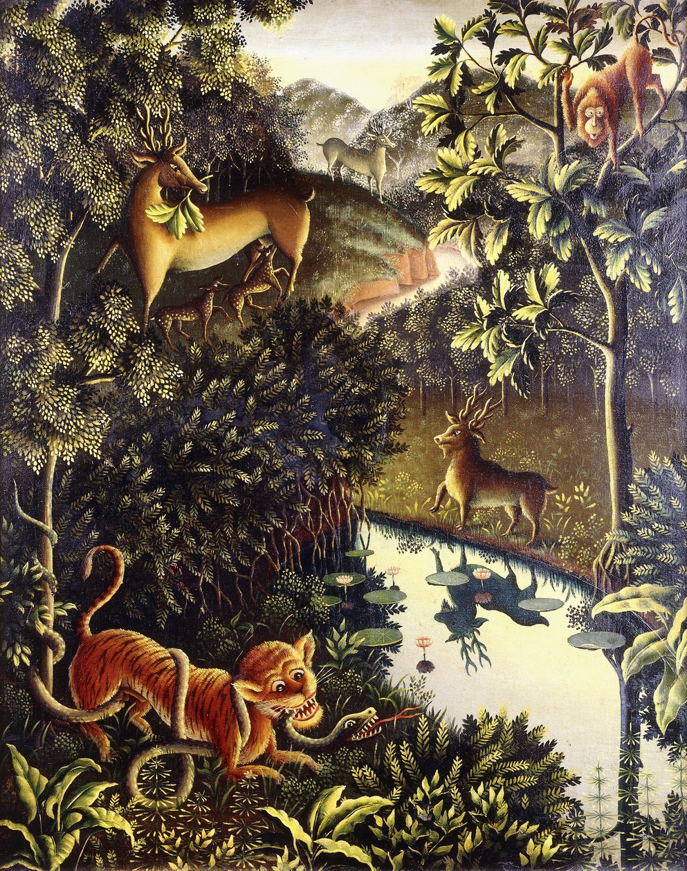 Fábula de Animales: Tigre y Serpiente en Combate en un Bosque Primigenio de Walter Spies