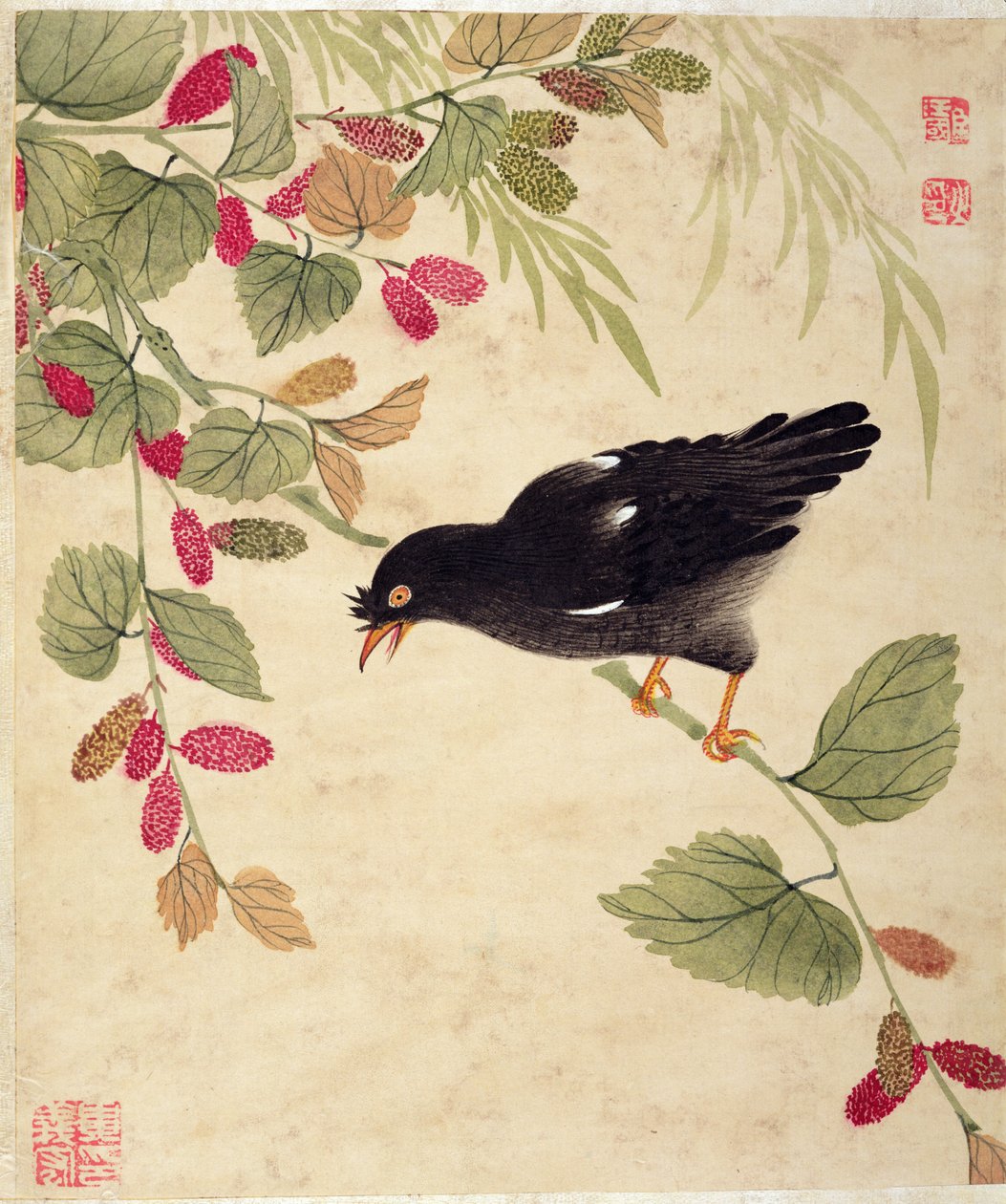 Una de una serie de pinturas de aves y frutas, finales del siglo XIX de Wang Guochen