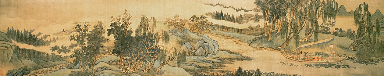 Pergamino de mano que representa un paisaje con el poema colofón, Pescando en el Arroyo del Sauce, chino, 1706 de Wang Hui
