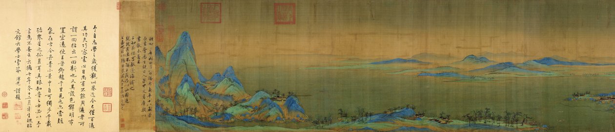 Detalle final de Mil Li de Río y Montañas (千里江山) rollo de mano en tinta y color sobre seda. 11.91 metros x 55.8 cm. (el final del rollo) Ubicado en el Museo del Palacio, Beijing de Wang Ximeng
