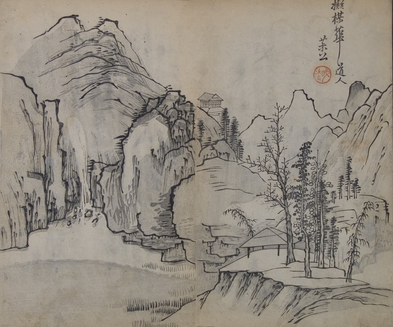 Paisaje después de Wu Zhen 1280-1354, del Manual del Jardín de Semillas de Mostaza..., Primera edición, 1679 de Wang Gai