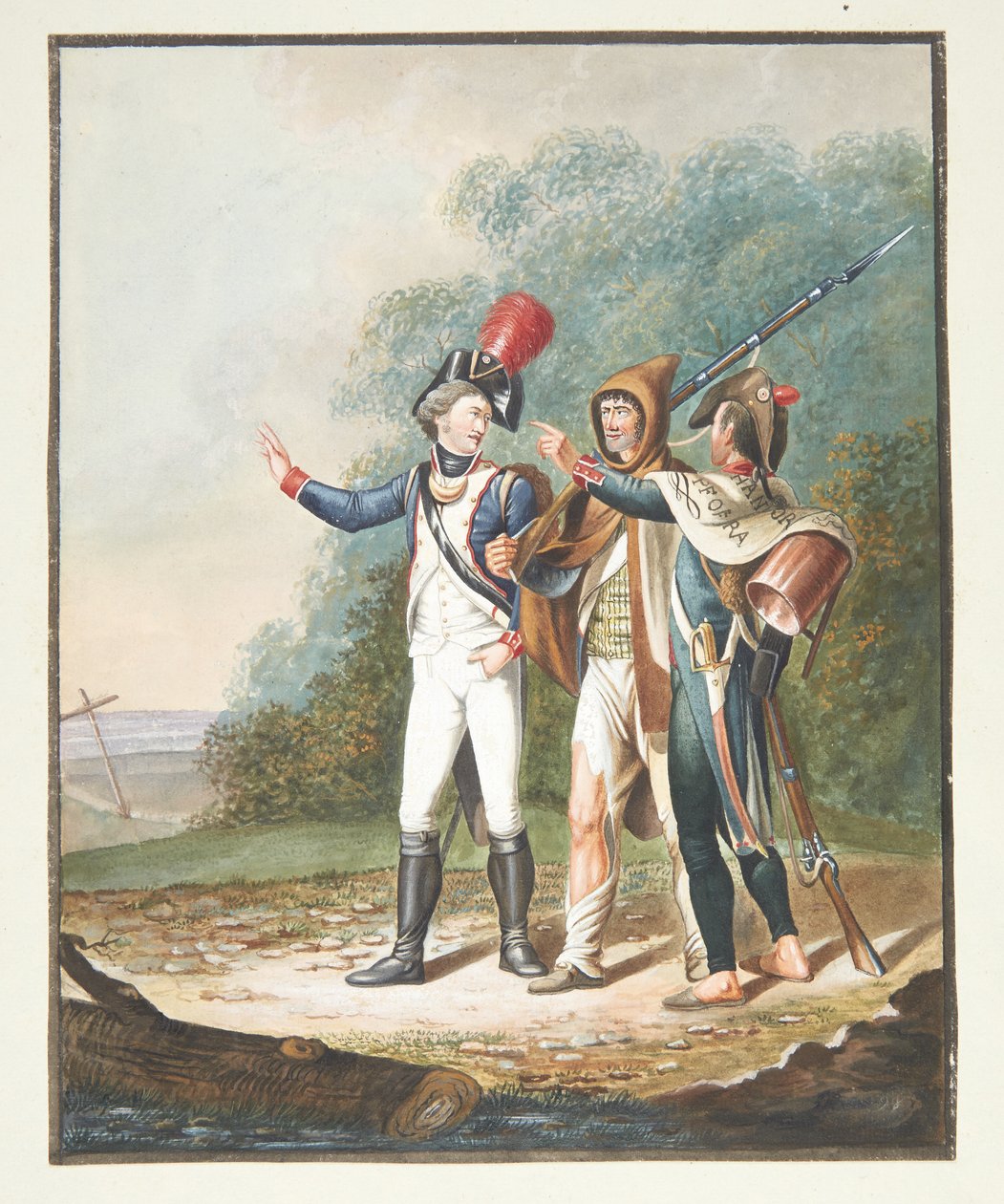Tres soldados franceses en un camino de Wanner von Schafterhausen