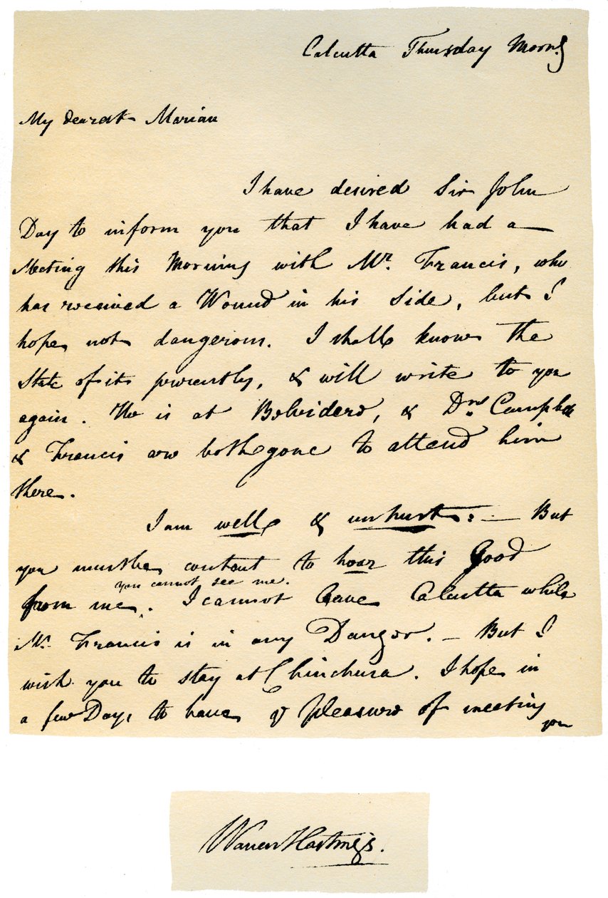 Carta de Warren Hastings, Gobernador General de Bengala a su esposa, 17 de agosto de 1780 de Warren Hastings