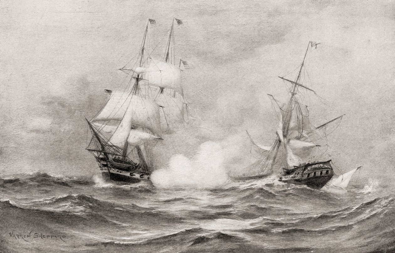 El combate entre el USS Constitution y el HMS Guerriere, durante la Guerra de 1812, aproximadamente a 400 millas al sureste de Halifax, Nueva Escocia, de La Historia de Nuestro País, publicada en 1905 de Warren Sheppard