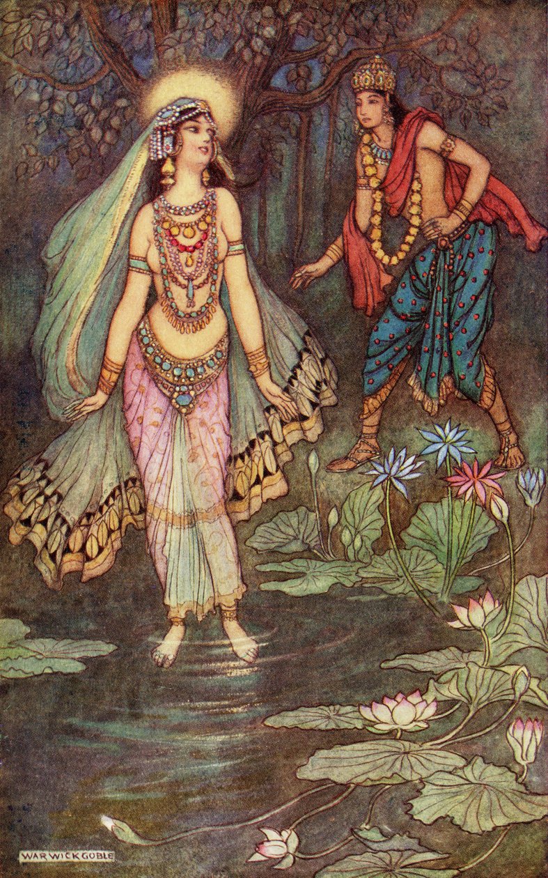 Shantanu se encuentra con la diosa Ganga, ilustración de "Indian Myth and Legend" de Donald A. Mackenzie, publicada en 1913 (litografía en color). de Warwick (after) Goble