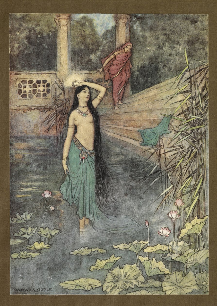 Frontispicio: "Ella salió corriendo del palacio... y llegó al mundo superior". de Folk-Tales of Bengal ... Con 32 ilustraciones en color de Warwick Goble (Edition de luxe.) de Warwick Goble