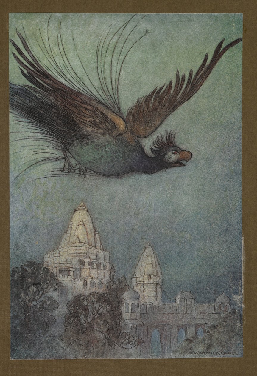 Lámina 10: "Un pájaro monstruoso sale aparentemente del palacio", de Folk-Tales of Bengal ... Con 32 ilustraciones en color de Warwick Goble (Edition de luxe.) 1914 (litografia en color) de Warwick Goble