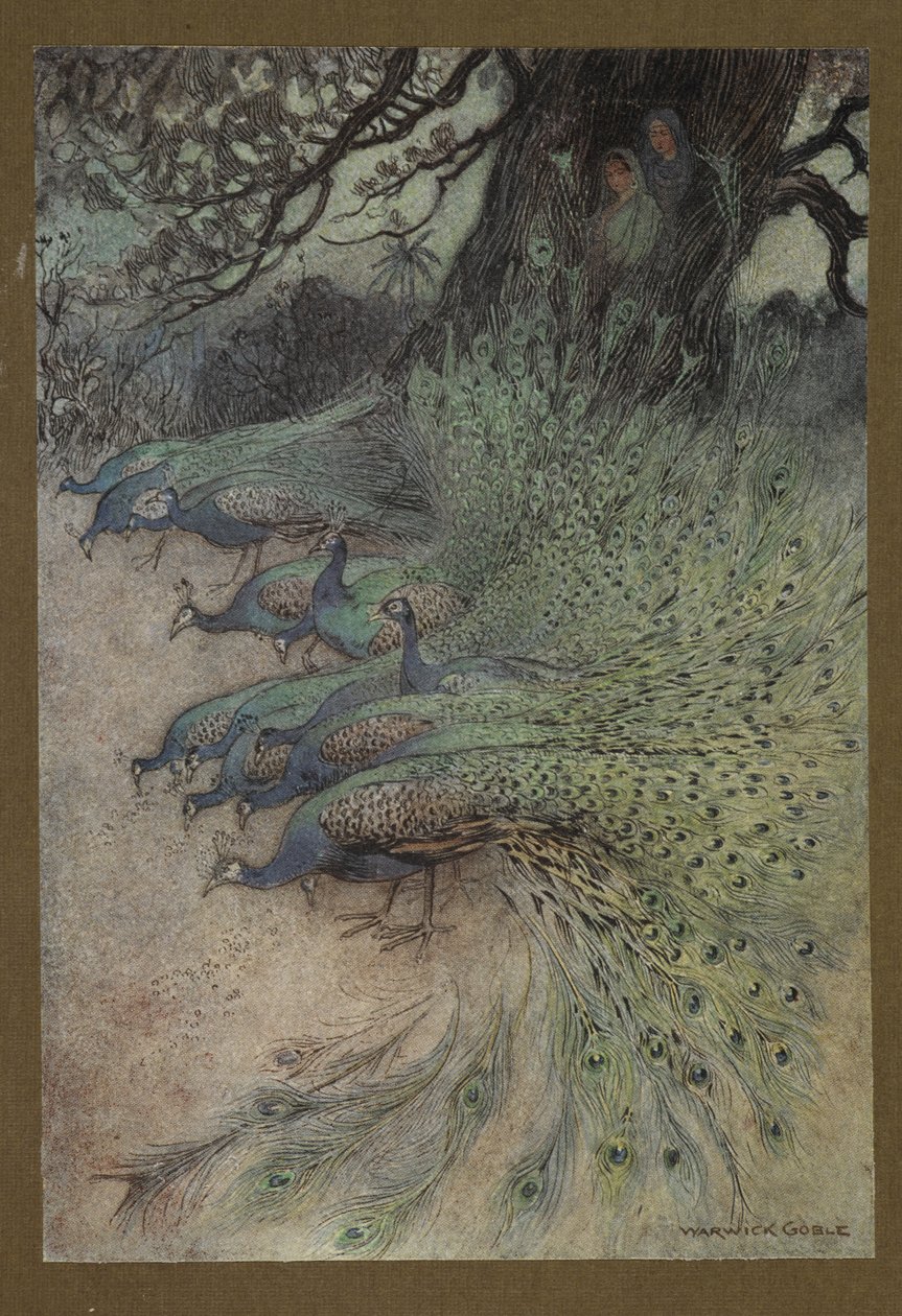 Lámina 11: "Cientos de pavos reales de hermosas plumas llegaron a los terraplenes para comerse el khai", de Folk-Tales of Bengal ... Con 32 ilustraciones en color de Warwick Goble. (Edición de lujo.) de Warwick Goble