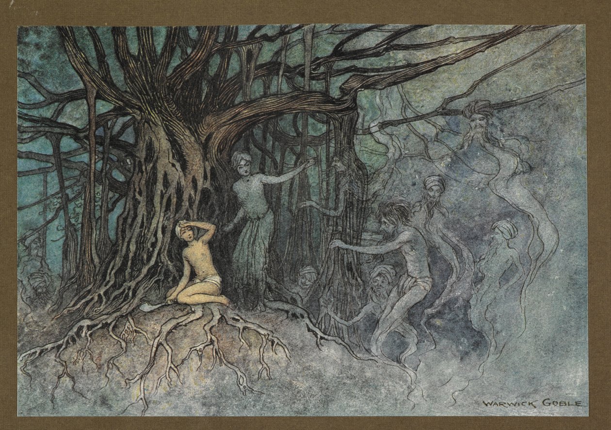 Lámina 19: "En el momento en que se dio el primer golpe, una gran cantidad de fantasmas corrieron hacia el Brahman, de" Folk-Tales of Bengal ... Con 32 ilustraciones en color de Warwick Goble (Edición de lujo). de Warwick Goble