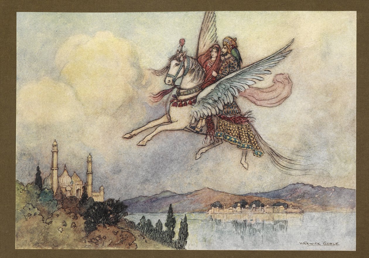 Lámina 20: "La dama, el rey e Hiraman llegaron sanos y salvos a la capital del rey", de Folk-Tales of Bengal ... Con 32 ilustraciones en color de Warwick Goble (Edition de luxe). de Warwick Goble