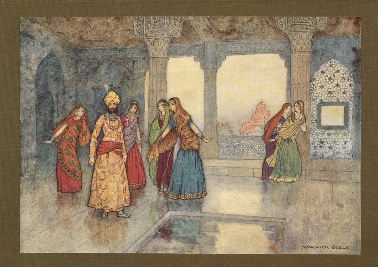 Lámina 25: "Las seis reinas intentaron consolarlo", de Folk-Tales of Bengal ... Con 32 ilustraciones en color de Warwick Goble. (Edición de lujo.) 1914 (litografia en color) de Warwick Goble
