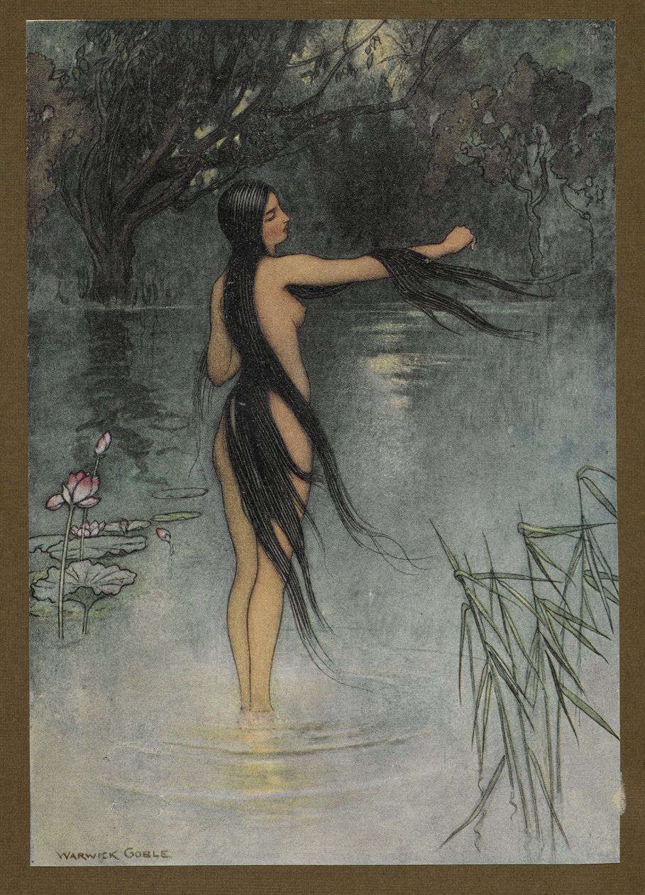Lámina 29: "Cuando salió del agua, ¡qué cambio se vio en ella!", de Folk-Tales of Bengal ... Con 32 ilustraciones en color de Warwick Goble (Edición de lujo). 1914 de Warwick Goble