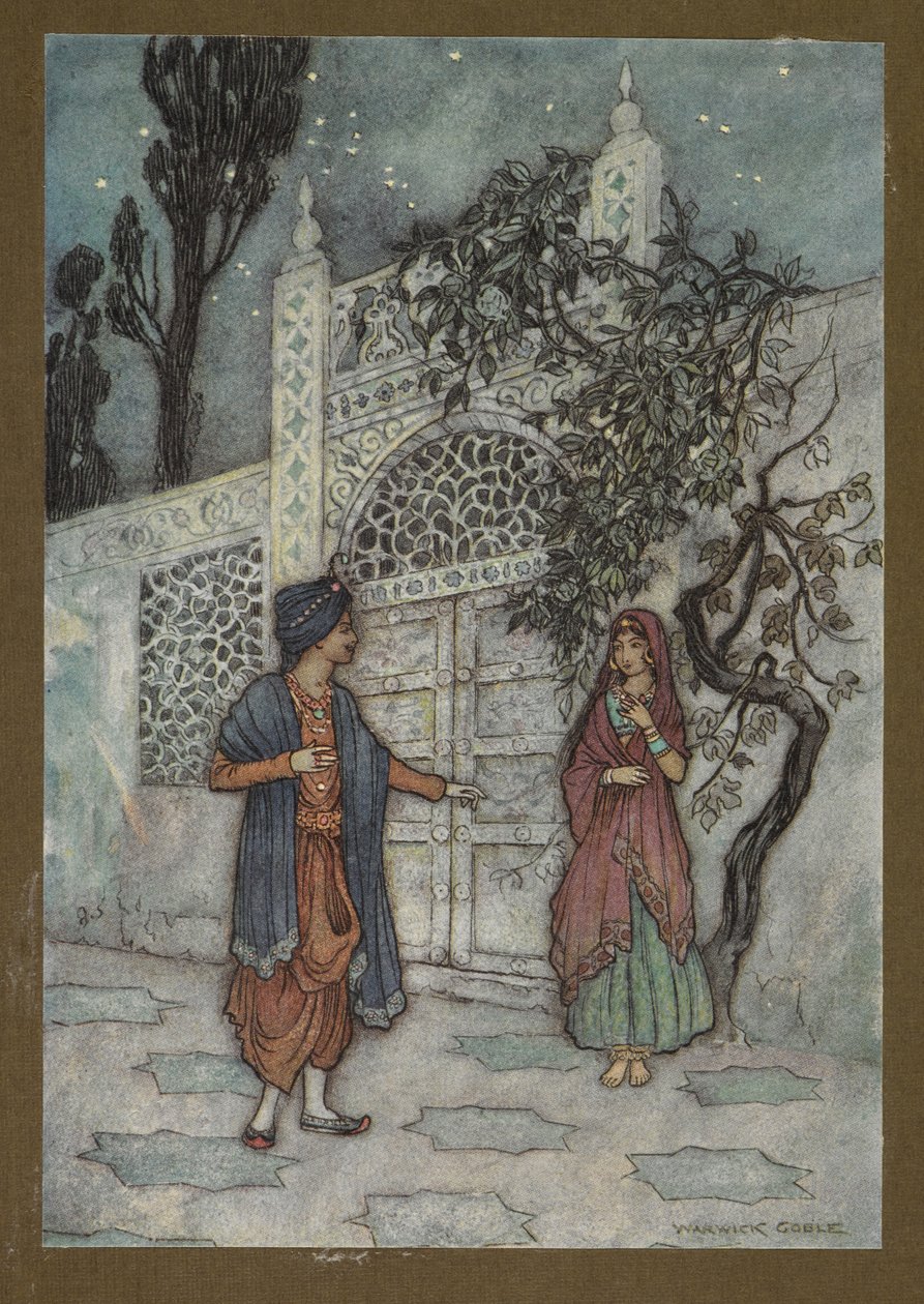 Placa 2: "El príncipe revivió y, caminando, vio una figura humana cerca de la puerta", de Folk-Tales of Bengal ... Con 32 ilustraciones en color de Warwick Goble de Warwick Goble