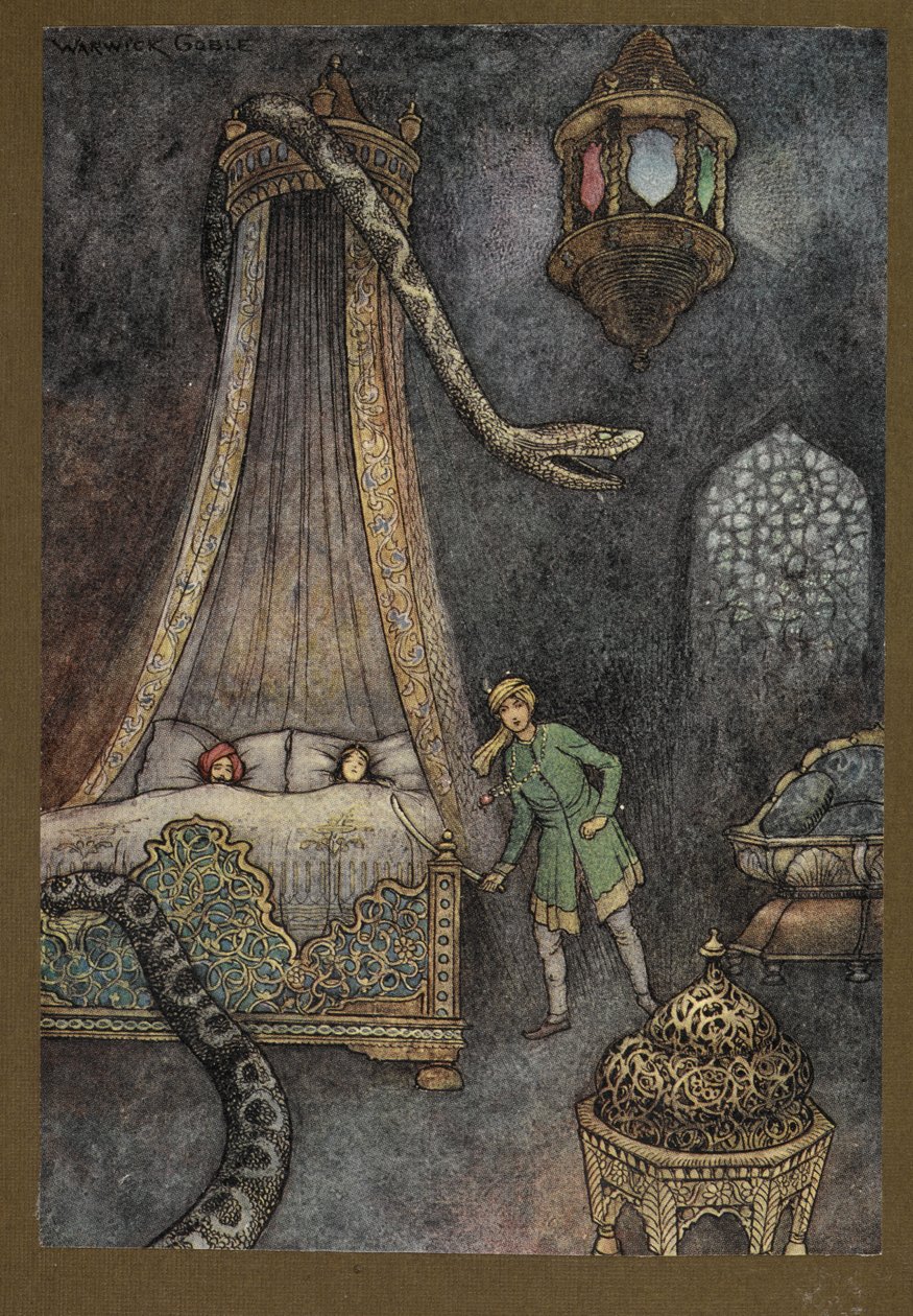 Placa 3: "Salió corriendo de su escondite y mató a la serpiente", de Folk-Tales of Bengal ... Con 32 ilustraciones en color de Warwick Goble. (Edición de lujo) de Warwick Goble