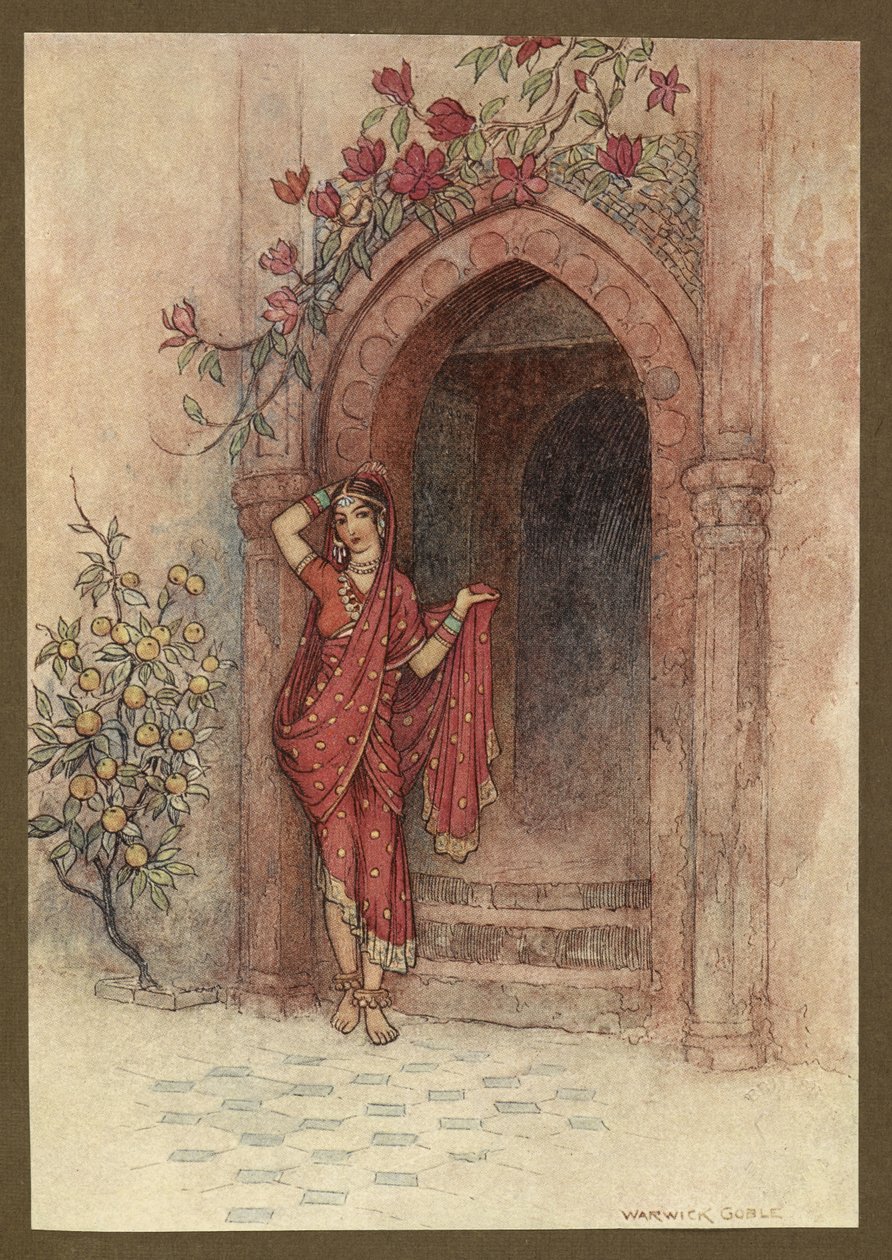 Placa 5: "A cuya puerta se encontraba una dama de exquisita belleza", de Folk-Tales of Bengal ... Con 32 ilustraciones en color de Warwick Goble. (Edición de lujo) de Warwick Goble