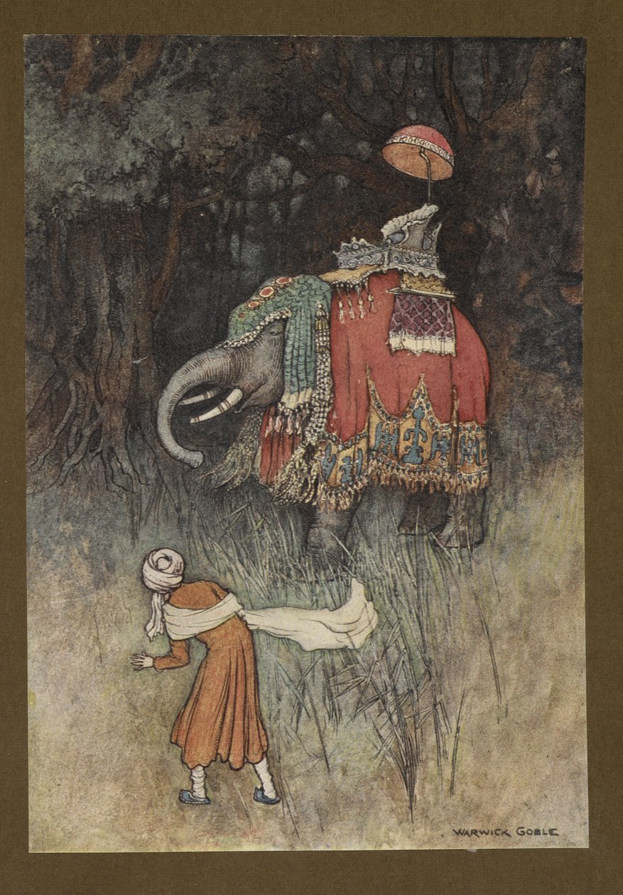 Lámina 8: "De repente, un elefante magníficamente enjaezado se cruza en su camino", de Folk-Tales of Bengal ... Con 32 ilustraciones en color de Warwick Goble (Edition de luxe) de Warwick Goble