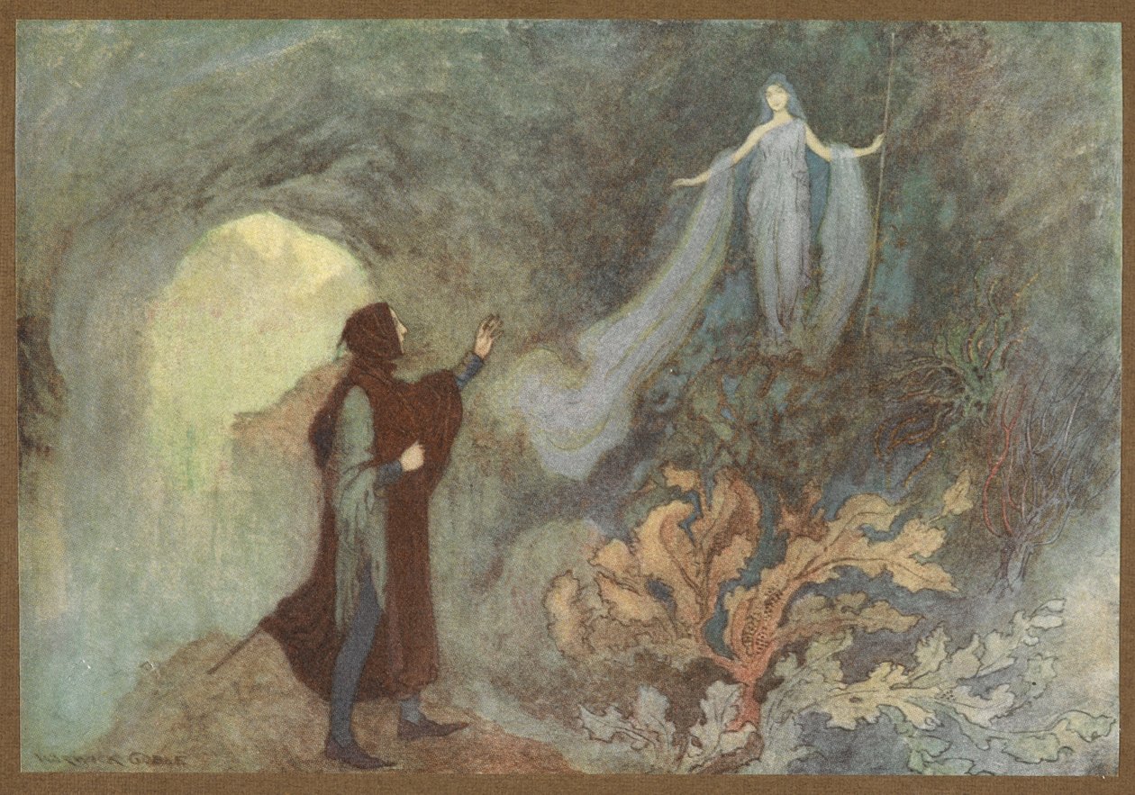 El Hada se aparece al Príncipe en la Gruta, de Cenerentola. de Warwick Goble