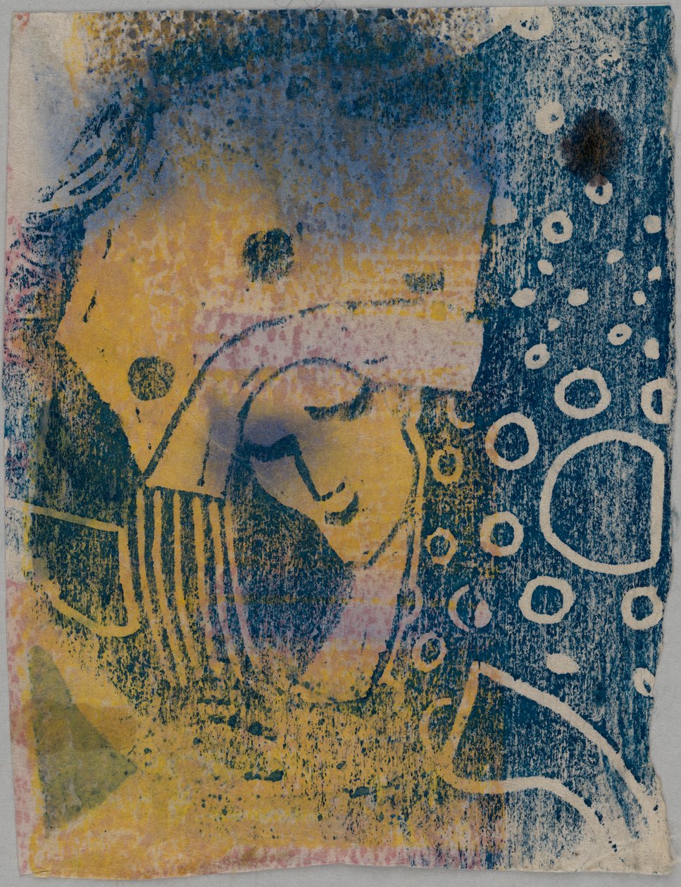 Farbholzschnitt-Probedrucke; Vorderseite: Frauenkopf mit großer Haube, Hintergrund mit Kreismusterung; Rückseite: Hand, stehende Gestalten de Wassily Kandinsky