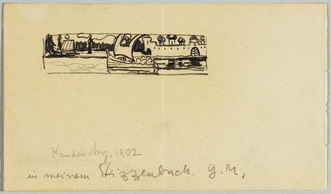 Paisaje fluvial con barco y ciudad amurallada de Wassily Kandinsky