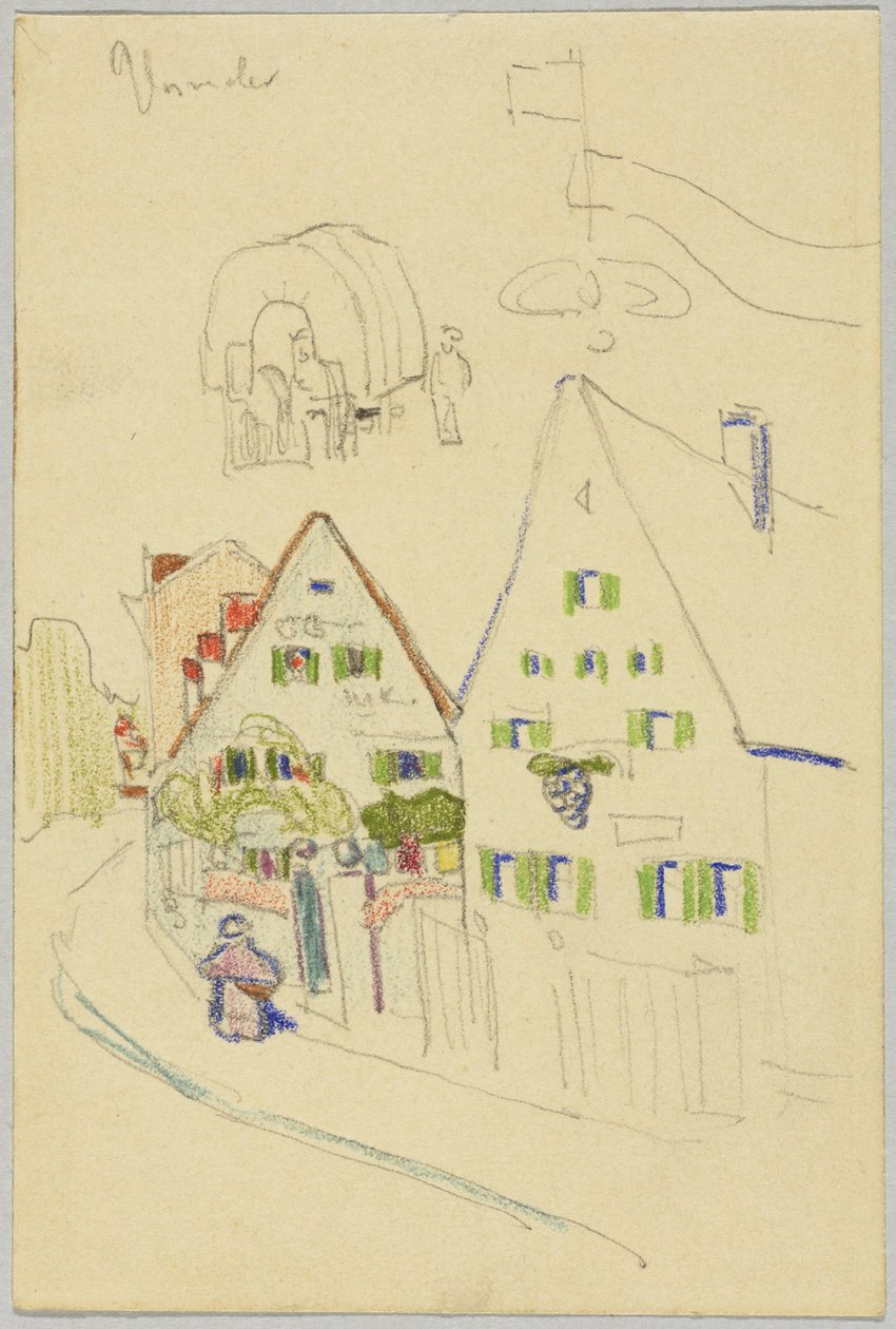 Callejón con casas a dos aguas y vagones cubiertos, verso: vista de un lugar con una iglesia con cúpula de cebolla de Wassily Kandinsky