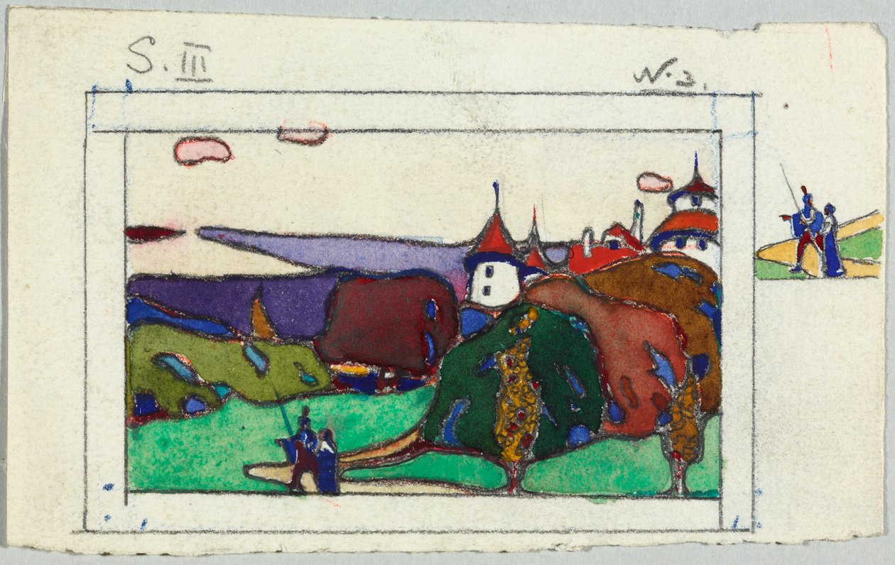 Paisaje con una pareja en traje medieval, verso: fragmento de un caballero con armadura de Wassily Kandinsky