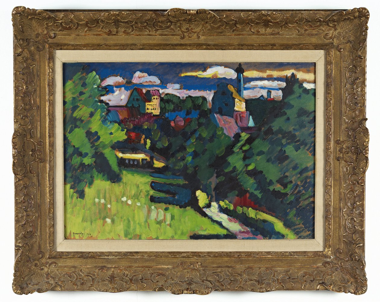 Murnau - vista con castillo, iglesia y ferrocarril de Wassily Kandinsky
