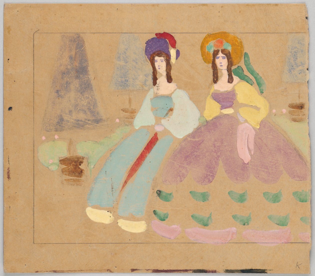 Dos mujeres con faldas de aros delante de árboles podados en macetas (véase GMS 263) (GMS 620 es la mitad izquierda de Wassily Kandinsky