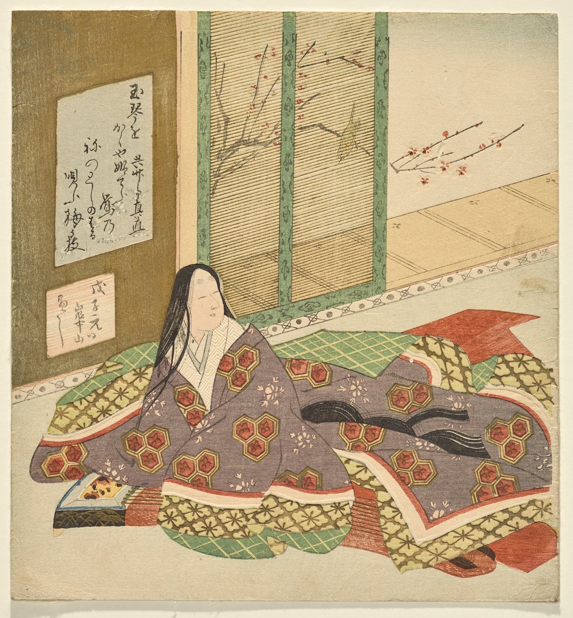 Una dama de la corte sentada en un koto, mirando un jardín. de Watanabe Kazan