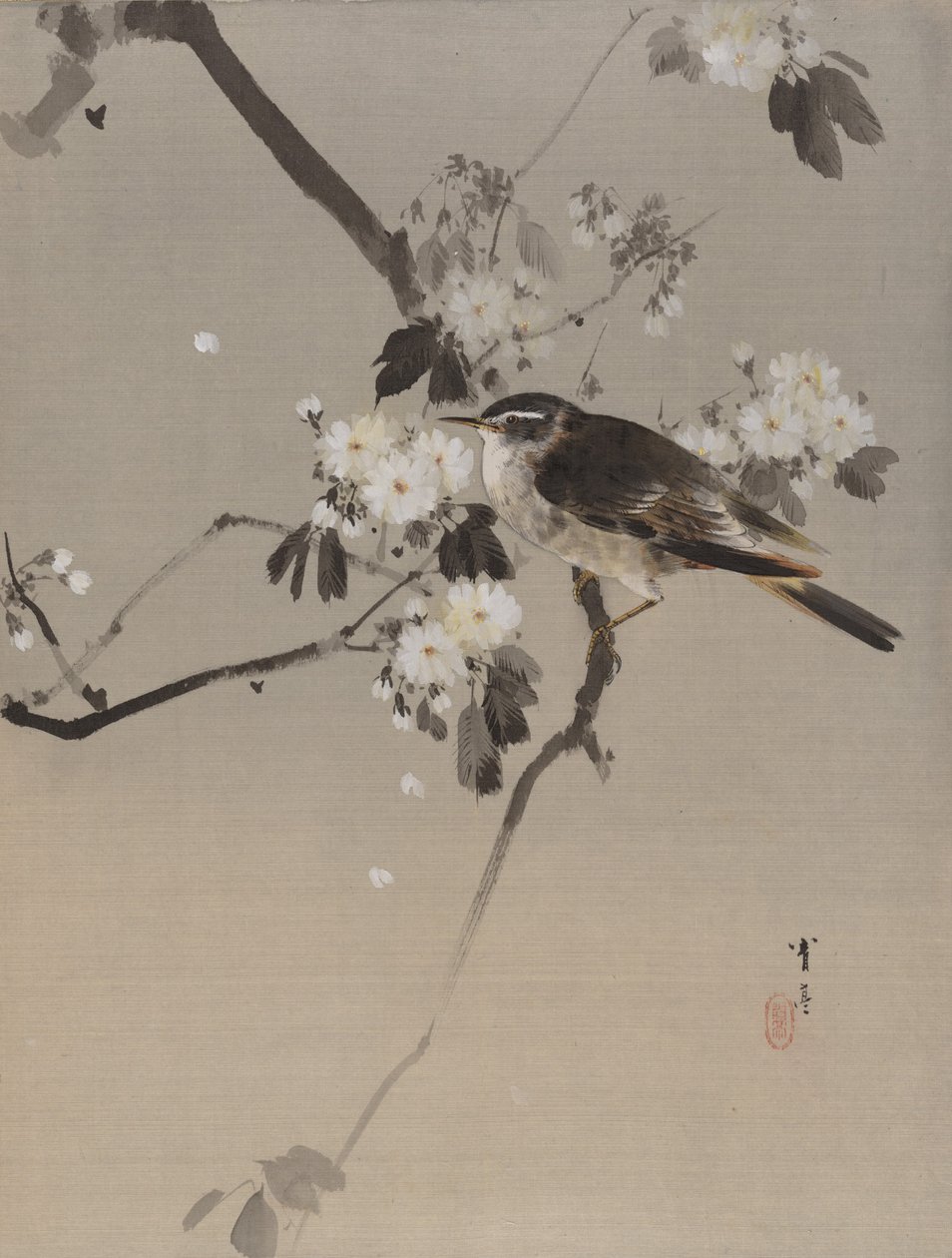 Pájaros en una rama florida, ca. 1887 de Watanabe Seitei
