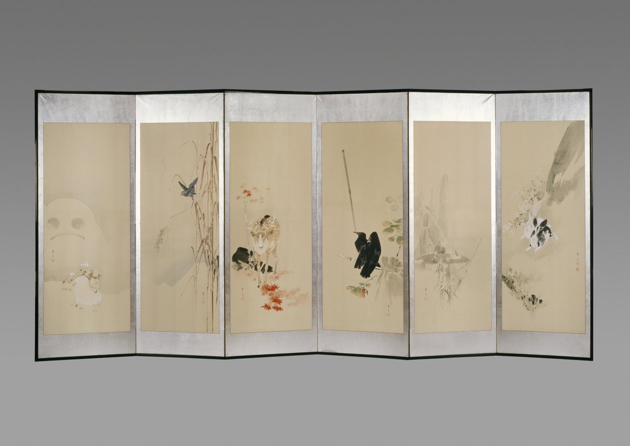 Biombo: Flores de los Doce Meses, c.1900 de Watanabe Seitei