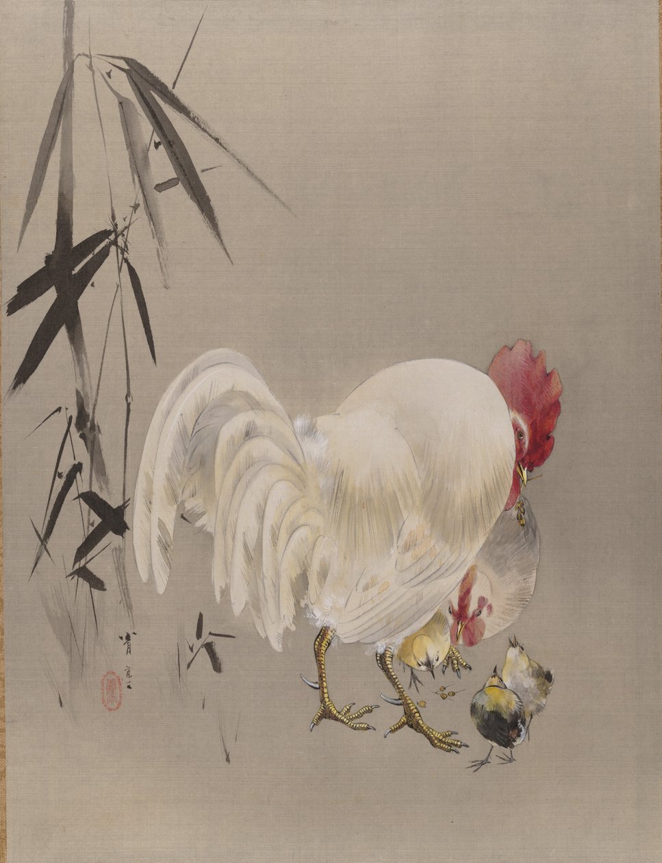 Gallo y gallina con pollitos, ca. 1887 de Watanabe Seitei
