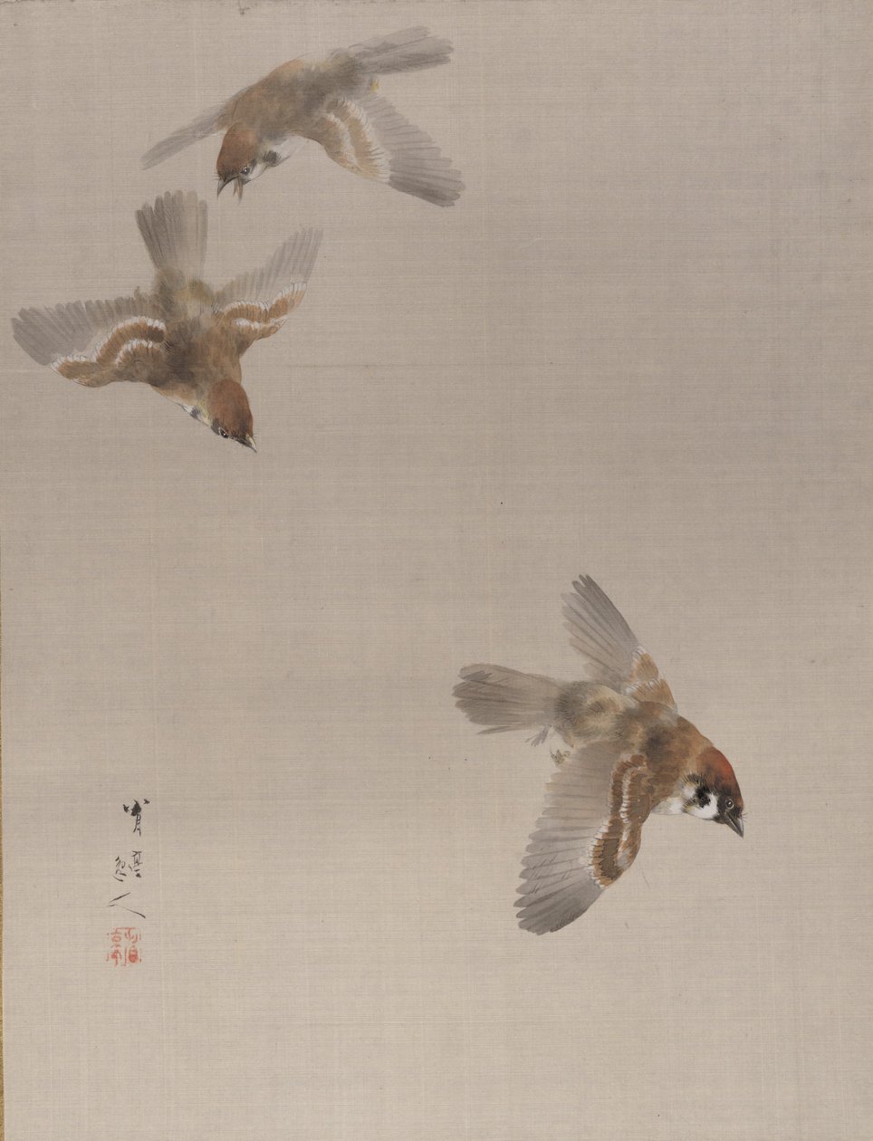 Gorriones volando, ca. 1887 de Watanabe Seitei