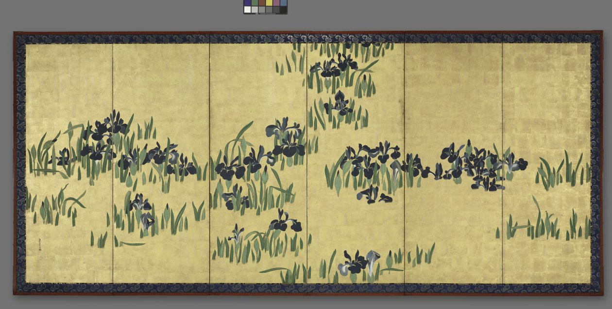 Iris, uno de un par de biombos de seis paneles, 1700s de Watanabe Shiko
