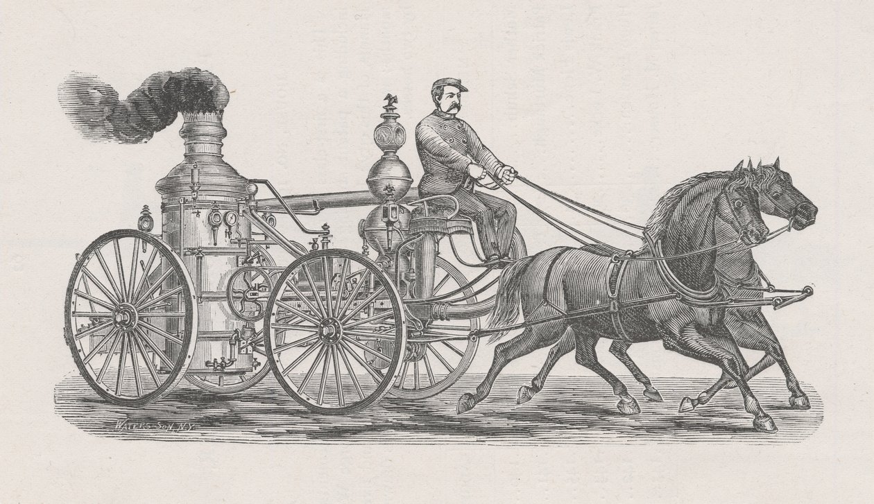 Ilustración del motor de bomberos R.A. Williams No.17, del Informe de la Junta de Policía, en el Departamento de Bomberos, al Consejo Común de la Ciudad de Chicago, pág. 60., 1872 de Waters and Son Waters and Son