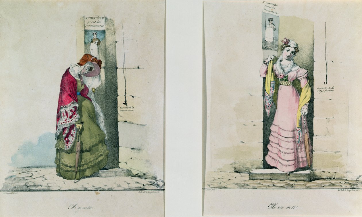 Una mujer entrando y saliendo de una clínica de abortos, grabado por Godefroy Engelmann de Wattier
