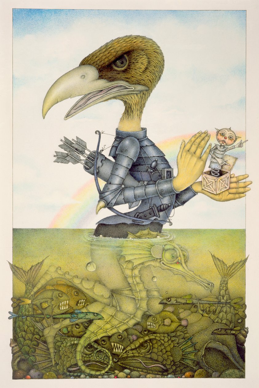 Ave con armadura sobre caballito de mar (lápiz y lápiz de color sobre papel) (par de 150071) de Wayne Anderson