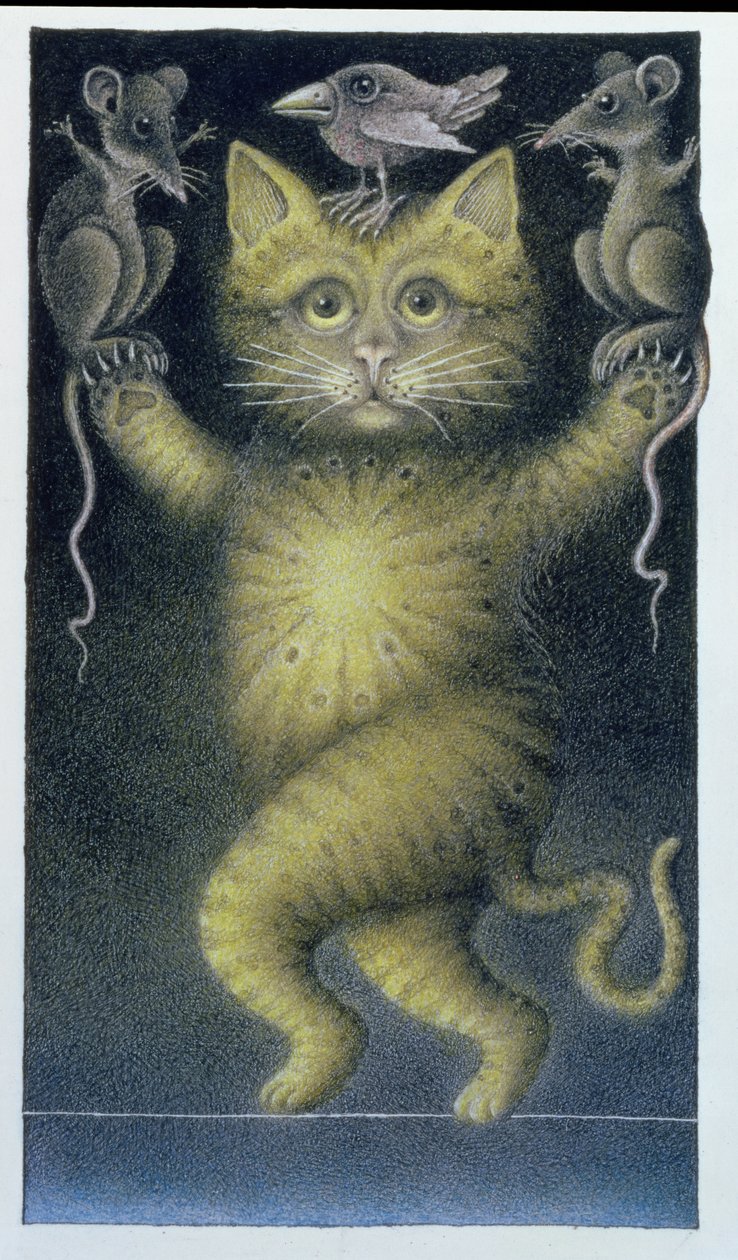 Gato en la cuerda floja, en equilibrio con pájaro y ratones (lápiz y lápiz de color sobre papel) de Wayne Anderson