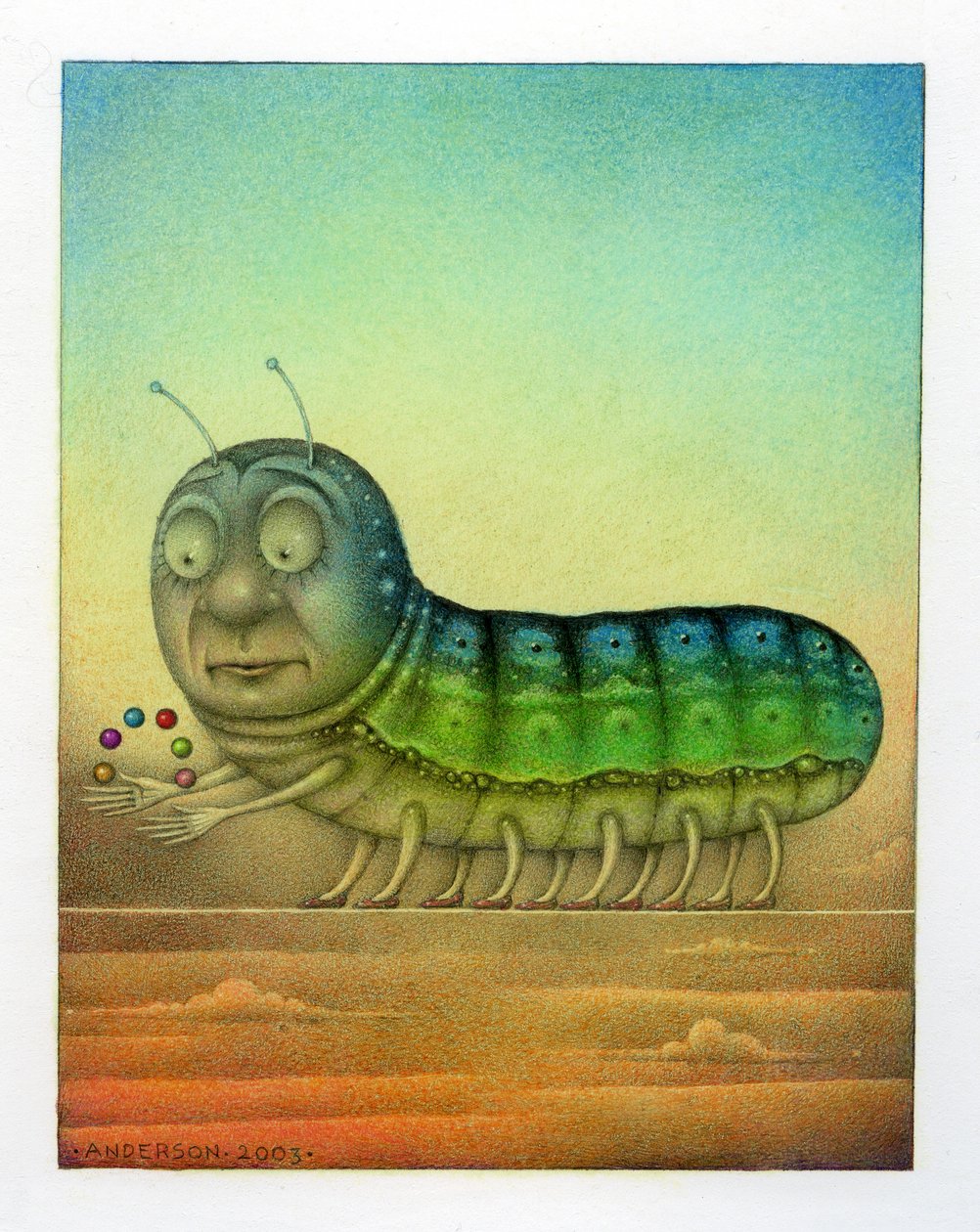 Oruga malabarista, 2003 (técnica mixta sobre cartón) de Wayne Anderson