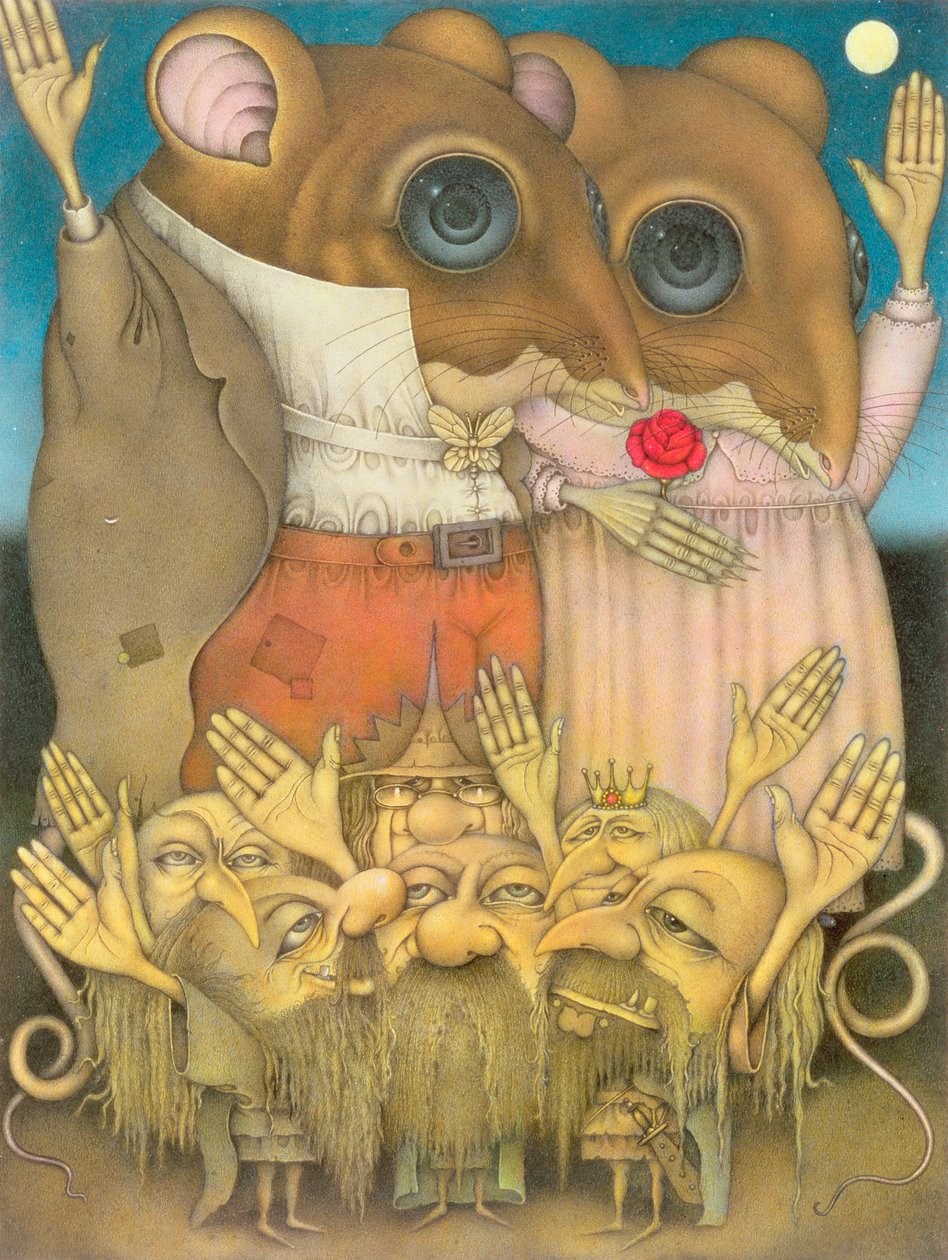 Pareja de ratones y enanos saludando (lápiz y lápiz de color sobre papel) de Wayne Anderson