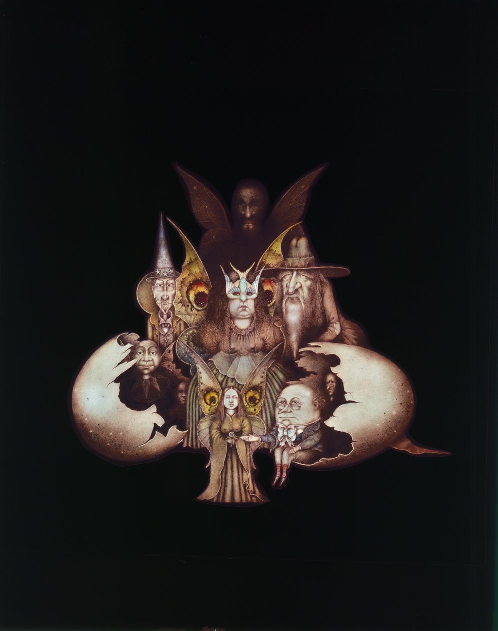 Personajes del otro mundo saliendo del huevo o El nacimiento del país de las hadas (lápiz y lápiz de color sobre papel) de Wayne Anderson