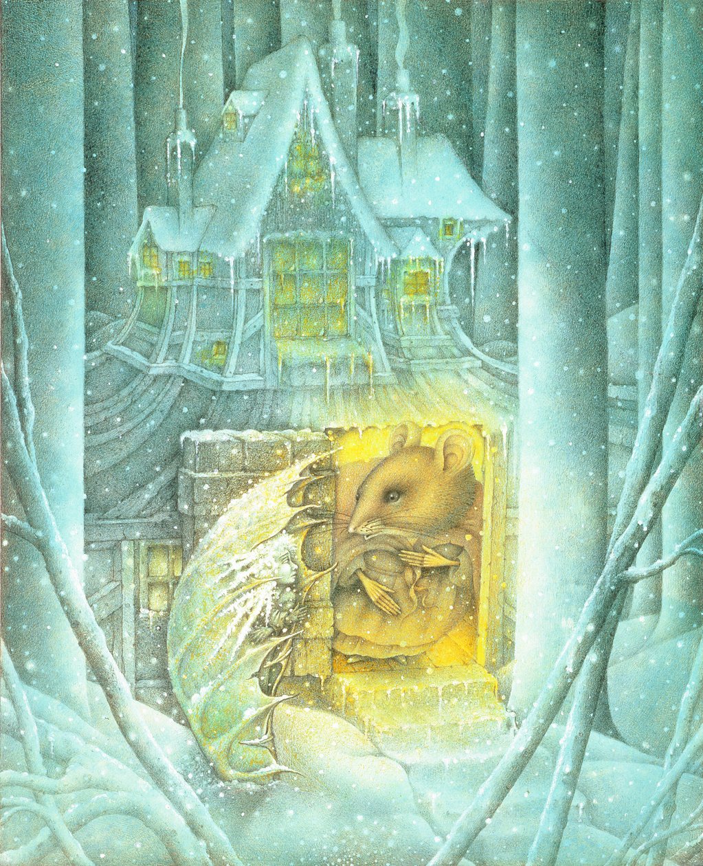 Pulgarcita y el ratón en la nieve (lápiz y lápiz de color sobre papel) de Wayne Anderson