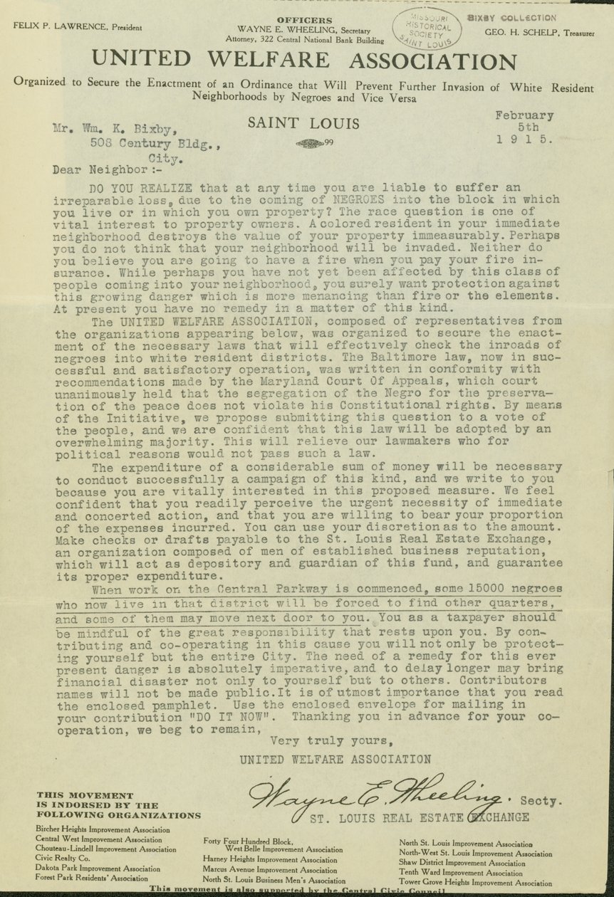 Carta de Wayne E. Wheeling, Asociación de Bienestar Unida, a Querido Vecino, 5 de febrero de 1915 de Wayne E. Wheeling