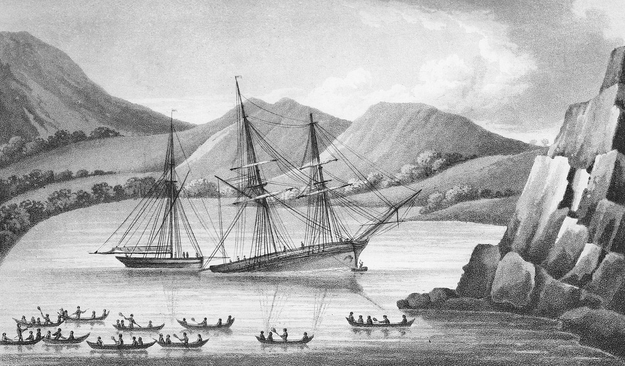 El bergantín Jane y el cúter Beaufoy pasando por una cadena de islas de hielo, 1826 de Weddell