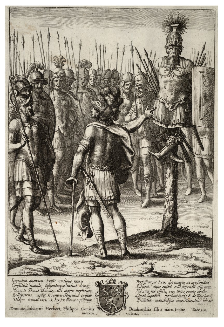Eneas erige un trofeo con las armas de Mezencio. Estado 2 de Wenceslaus Hollar