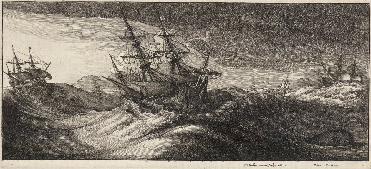 Buques de guerra y una ballena que expulsa agua. Estado 2 de Wenceslaus Hollar