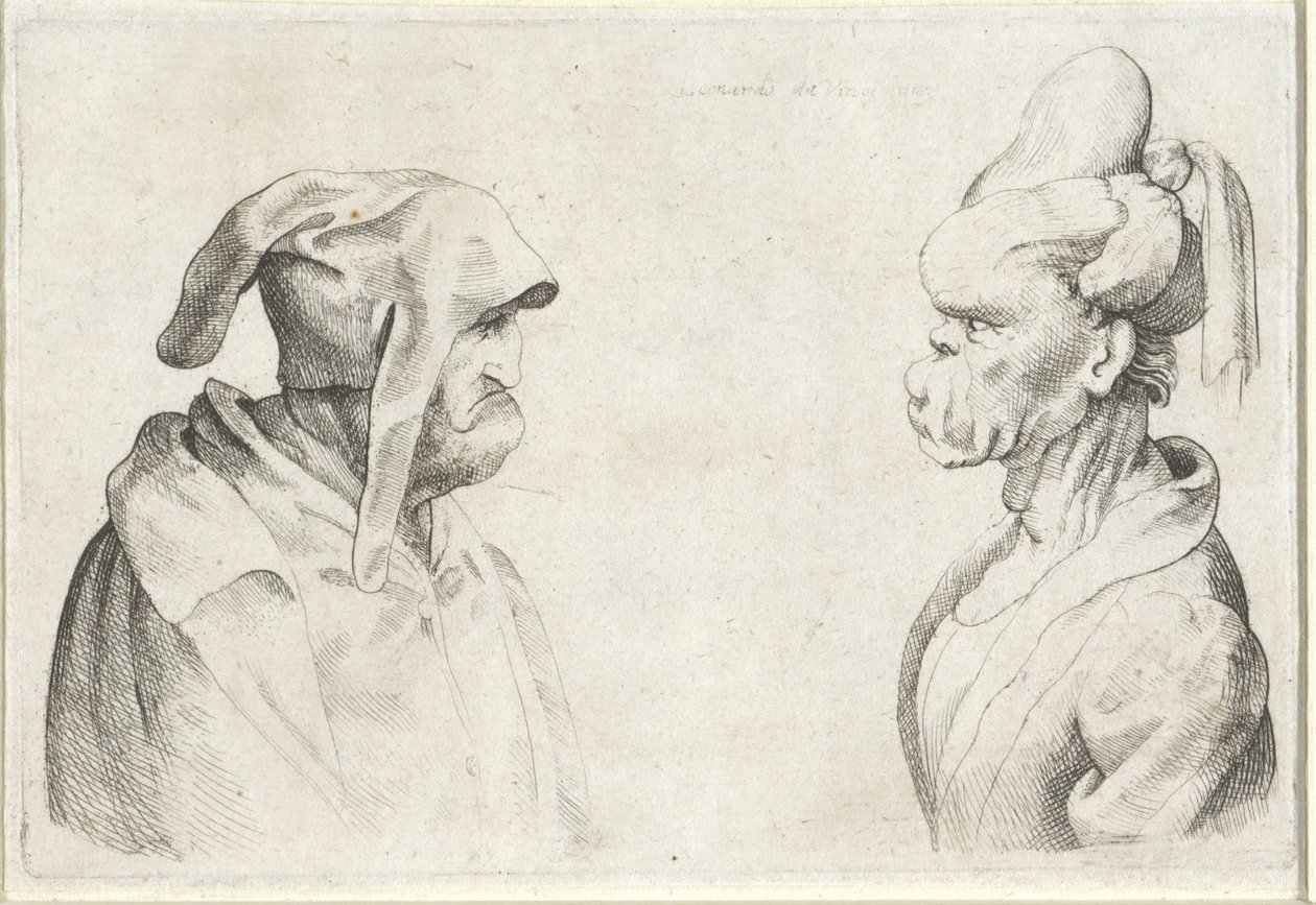 Cabezas deformadas de un hombre con un sombrero flexible y una mujer con el pelo atado Varie figurae et probae (título de la serie) Caricaturas, cabezas y deformidades después de Leonardo da Vinci (título de la serie) de Wenceslaus Hollar (attributed to)