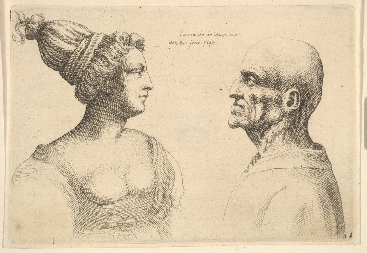 Una mujer con el cabello recogido y un hombre calvo enfrentándose, 1645 de Wenceslaus Hollar